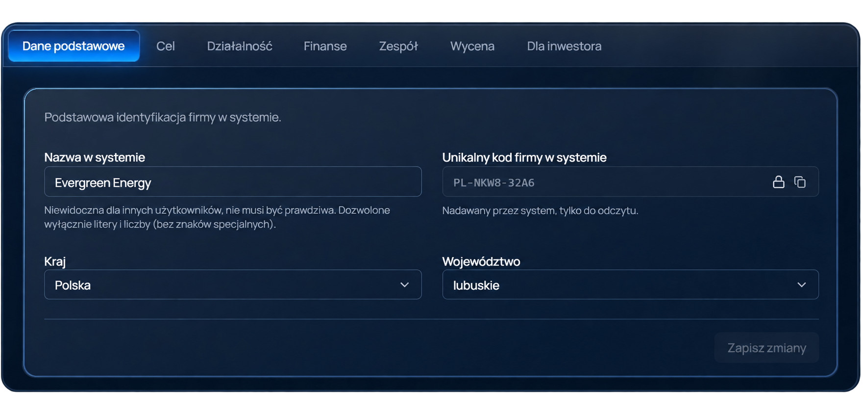 Okno formularza „Dane podstawowe” profilu firmy w systemie Secret Fruit, z przykładową firmą Evergreen Energy